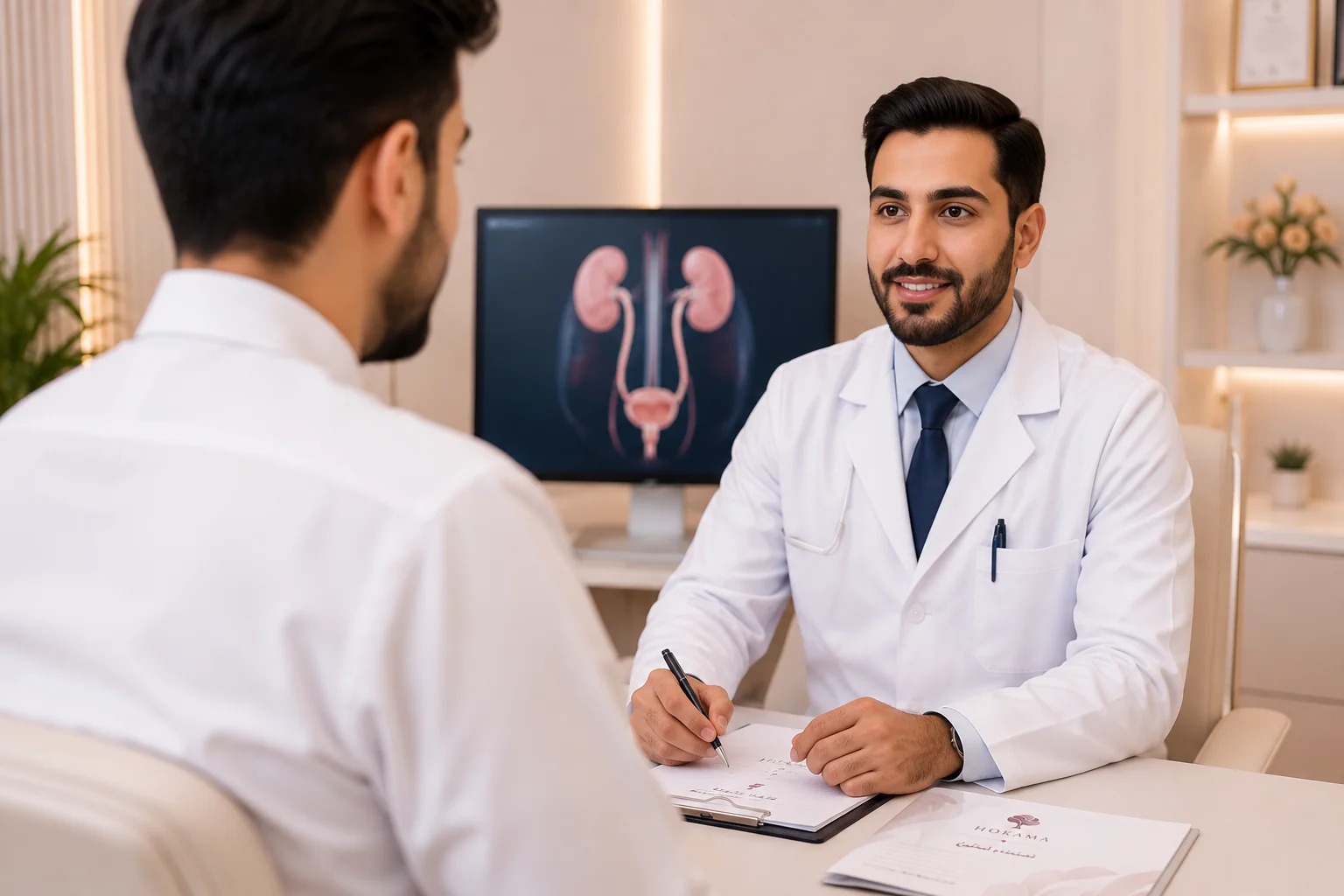 استشاري يجري فحصاً لمريض في عيادة المسالك البولية بحكماء نجد